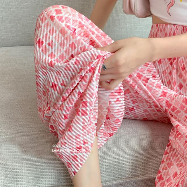 Korean foreign trade large size women's pink floral wide-leg pants for women's pleated style new rolled-dye high-waist floor pants