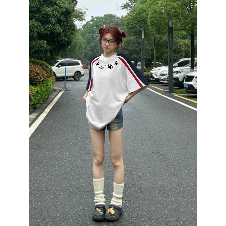 High-quality pure cotton 220g 19 pieces of wool + feel printed loose large version of raglan contrasting color short-sleeved T-shirt for women