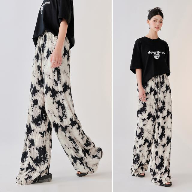 Korean foreign trade large size women's ink painting smudged and pleated casual wide-leg pants for women in summer thin high waist draping straight tube