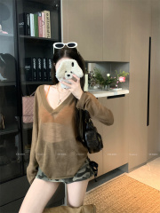 Real shot of v-neck transparent slim blouse knitted long-sleeved top for women