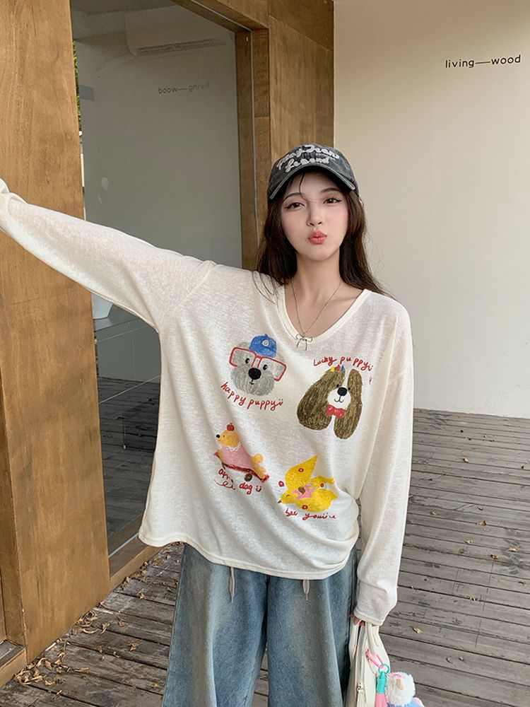 Bamboo ribbed V-neck loose slim long-sleeved base shirt for women