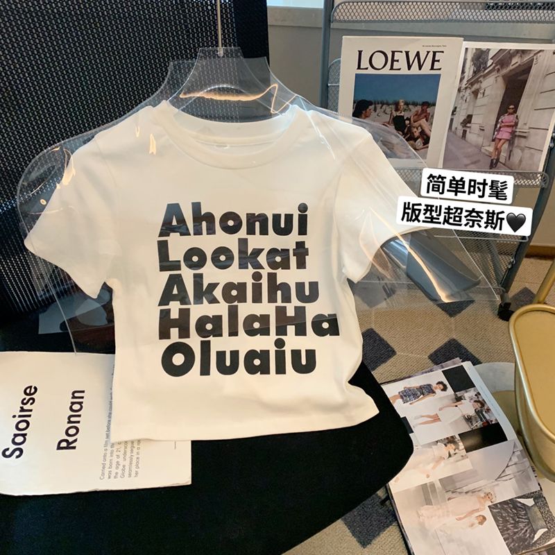 Pure cotton original foreign trade Korean version rear bag collar summer new women's round neck printed slim short T-shirt for women short sleeves