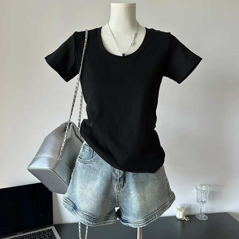 Black front shoulder T-shirt short-sleeved women's U round neck pure cotton long-sleeved base shirt with new slim American short top