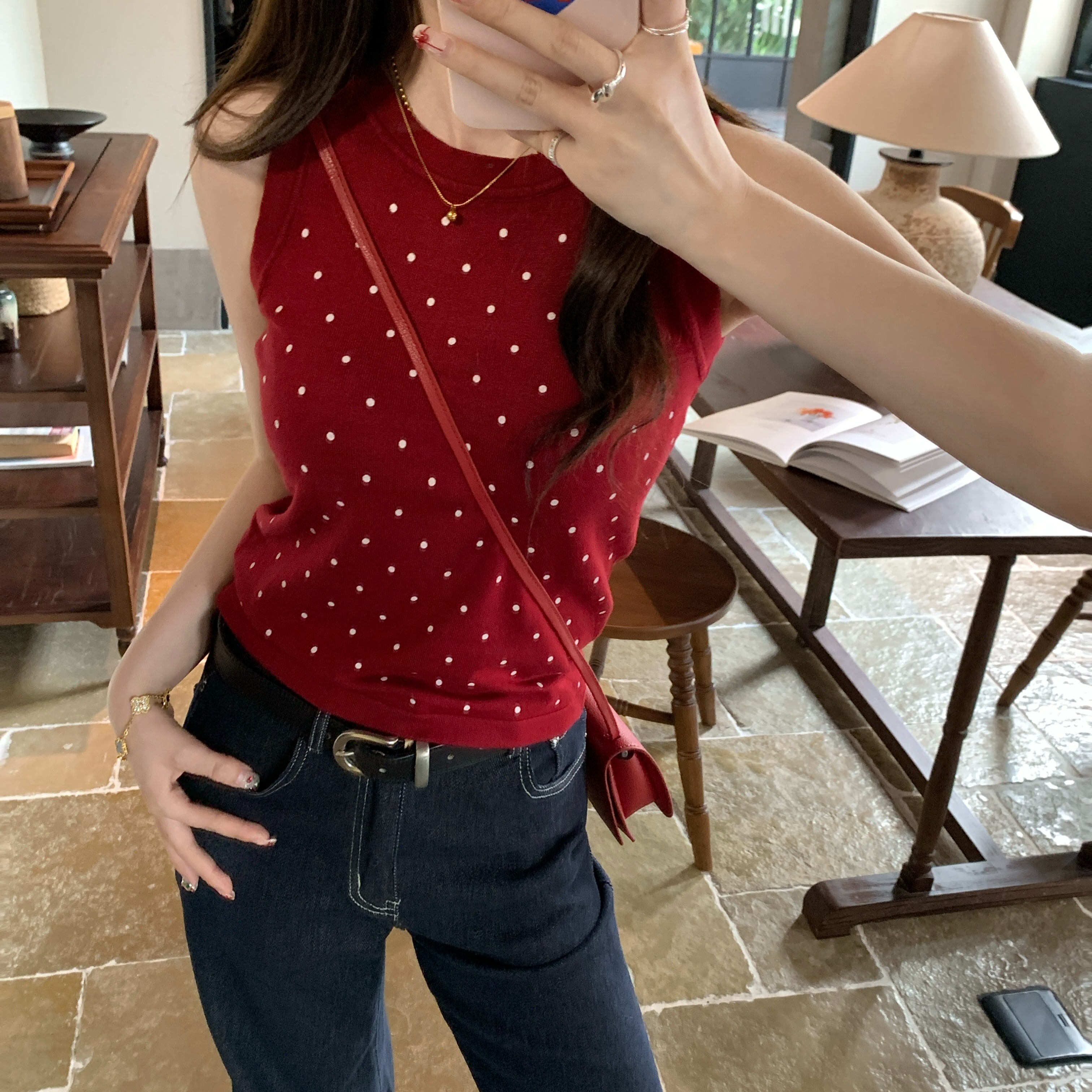 Red chic polka dot sleeveless suspender vest for women in summer unique slim short versatile sweater top