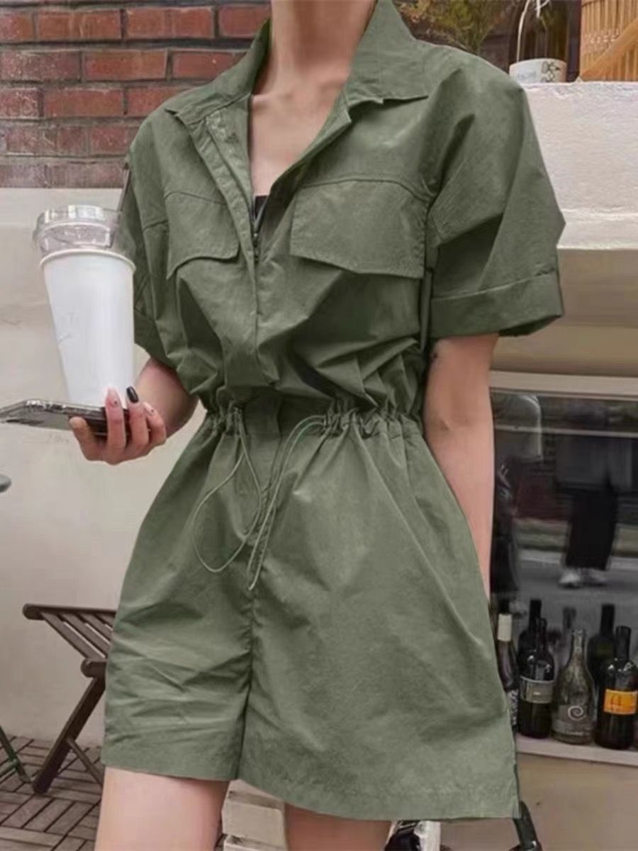 工裝連體褲女夏季新款休閒百搭抽繩收腰顯瘦小個子闊腿短褲潮
