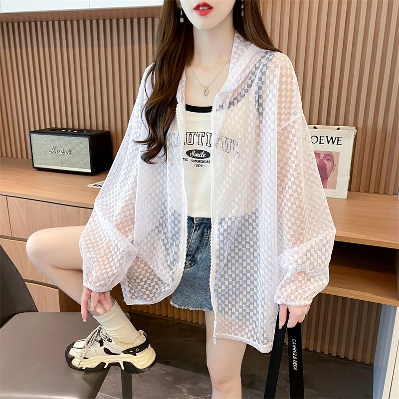 實拍~質量/長袖連帽拉鏈薄款開衫網格防曬衣女夏裝新款