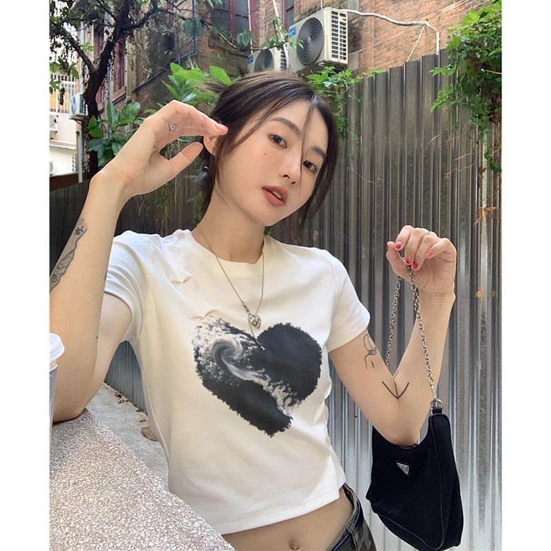 純棉原版外貿韓版後包領夏季新款女裝圓領印花修身短款T恤女短袖