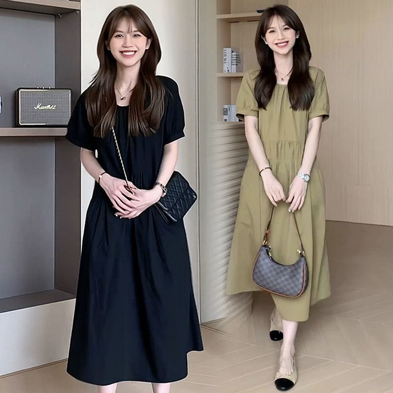 Korean style small fresh short-sleeved dress with large size loose temperament slim long skirt 2025 lady skirt