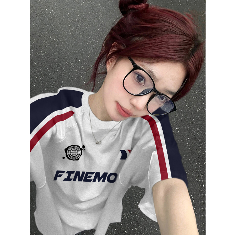 High-quality pure cotton 220g 19 pieces of wool + feel printed loose large version of raglan contrasting color short-sleeved T-shirt for women
