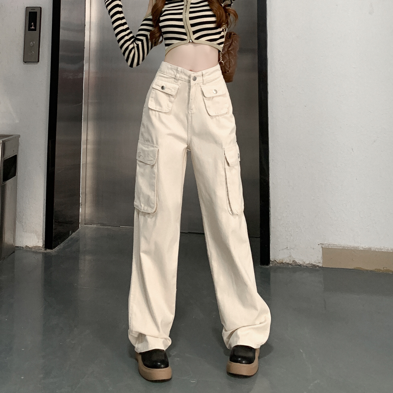 Real shot~ American work pants for women in spring new straight-leg loose wide-leg high-waist slim casual jeans