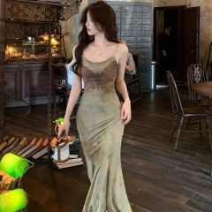 復古蝴蝶印花彈力新款吊帶連衣裙女夏季氣質裙子辣妹修身包臀長裙