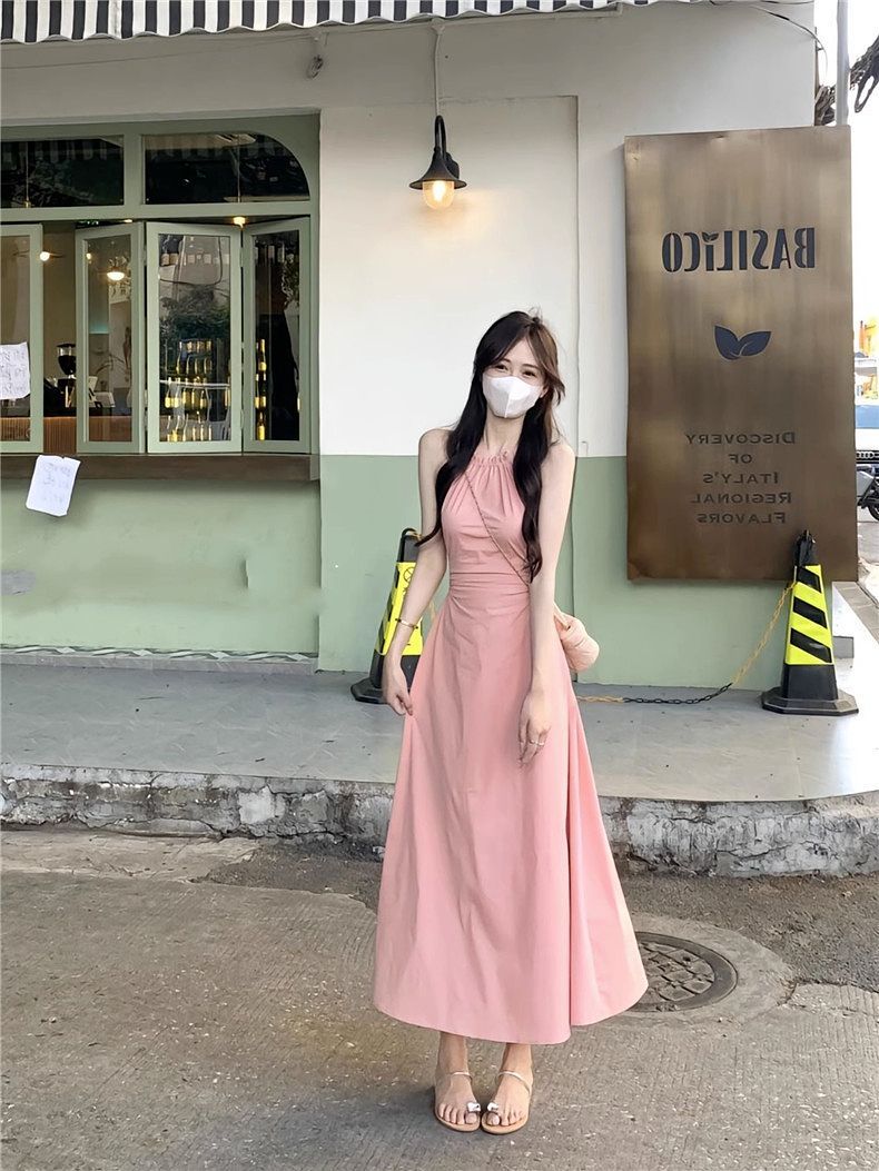 Pink neck halter dress for women summer design niche hot girls cold vacation style long skirt