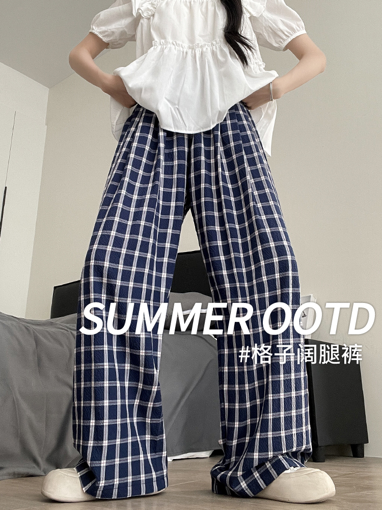 Foreign trade original navy blue plaid pants for women new ice silk thin wide-leg pants draped walk Yamamoto straight pants