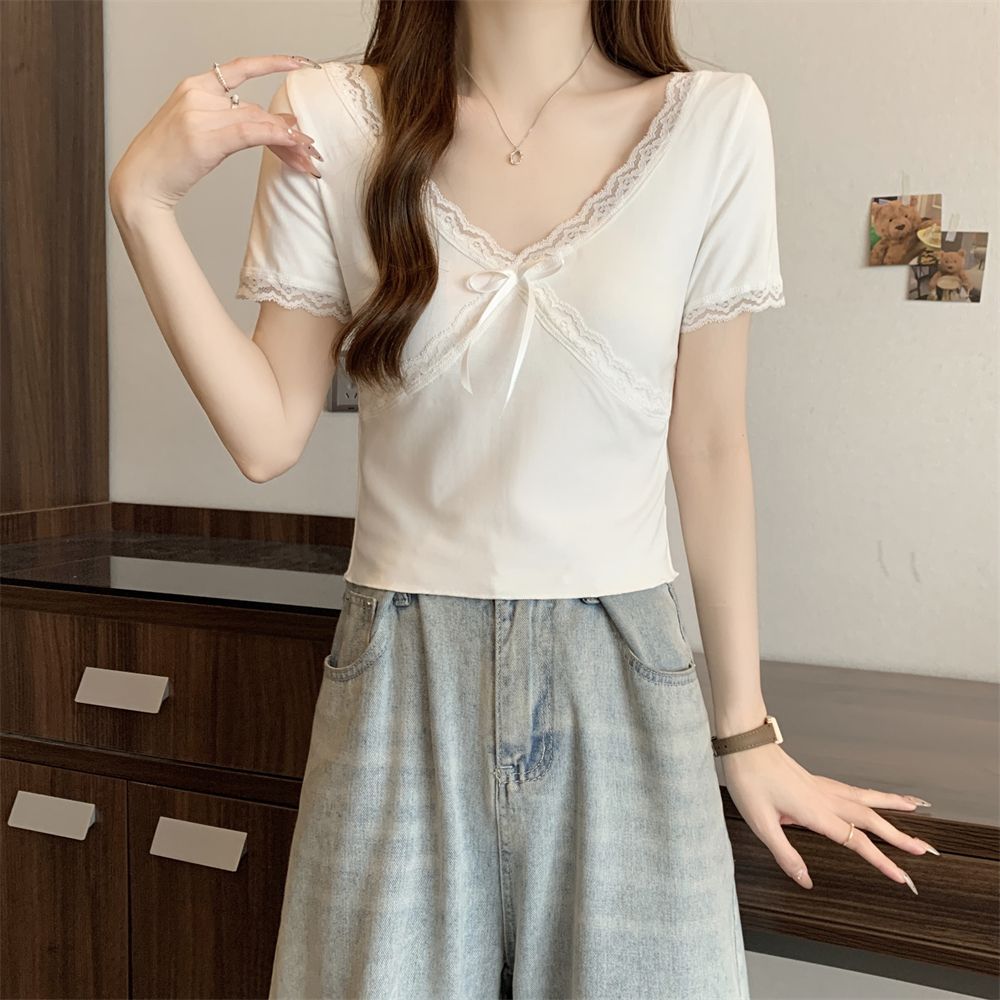 Real shot #40 pure cotton 210g 92 cotton/8 spandex short-sleeved T-shirt for women v-neck lace