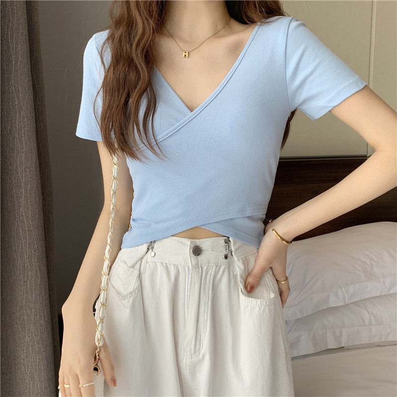 Foreign trade original new summer cross versatile slim short-sleeved T-shirt for women Korean short solid color top for women