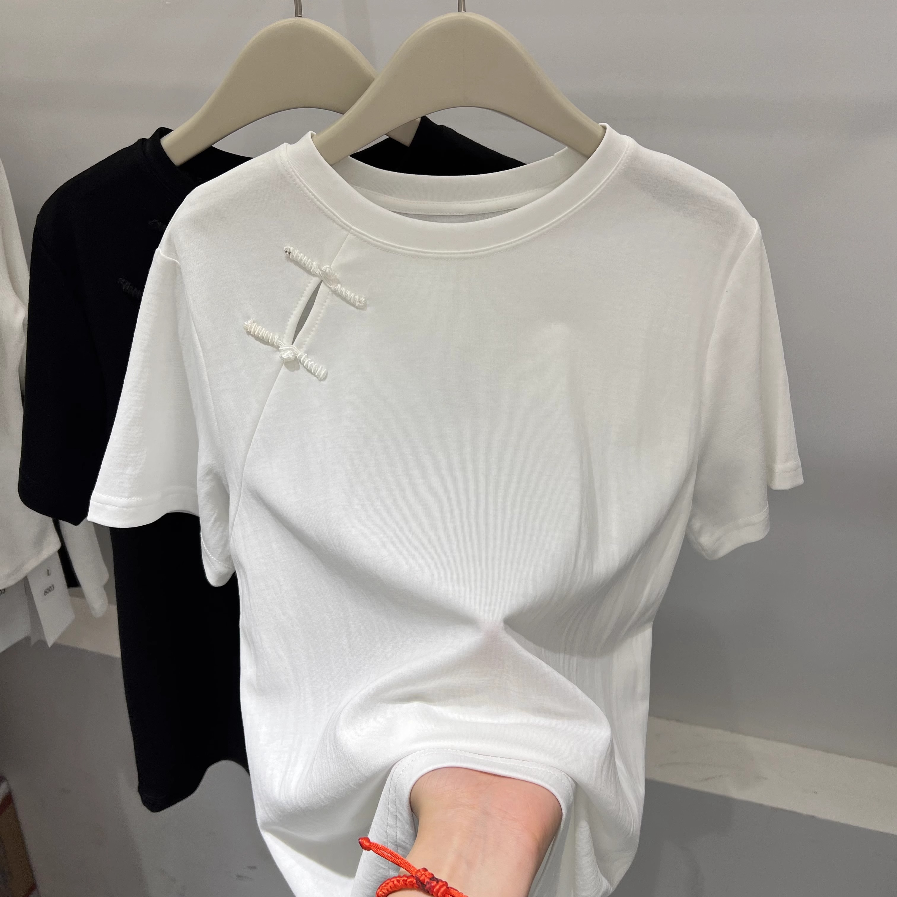 Official photo Peruvian cotton short-sleeved T-shirt 2025 summer button short solid color slim shoulder round neck Korean women's top