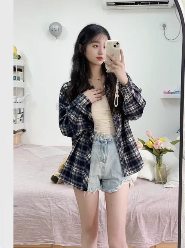 美式百搭港味寬鬆長袖襯衣外套格子襯衫女春季復古薄款防曬衫上衣
