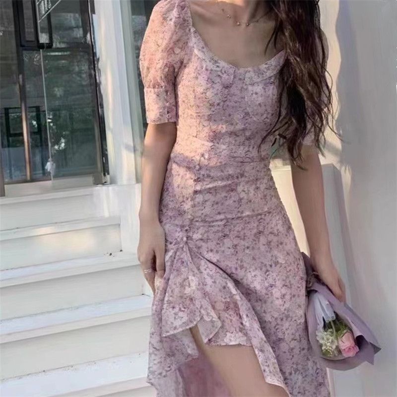 Gentle style small floral dress 2025 new spring women's French small waist-hugging short-sleeved skirt