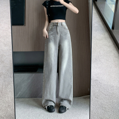 Real shot~Design-sense niche light gray jeans for women 2025 American retro draped straight wide-leg pants