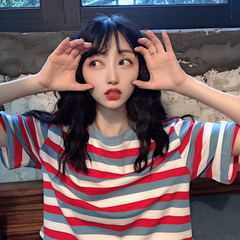 Foreign trade original new Korean summer striped short-sleeved T-shirt for women's lazy style student short navel top