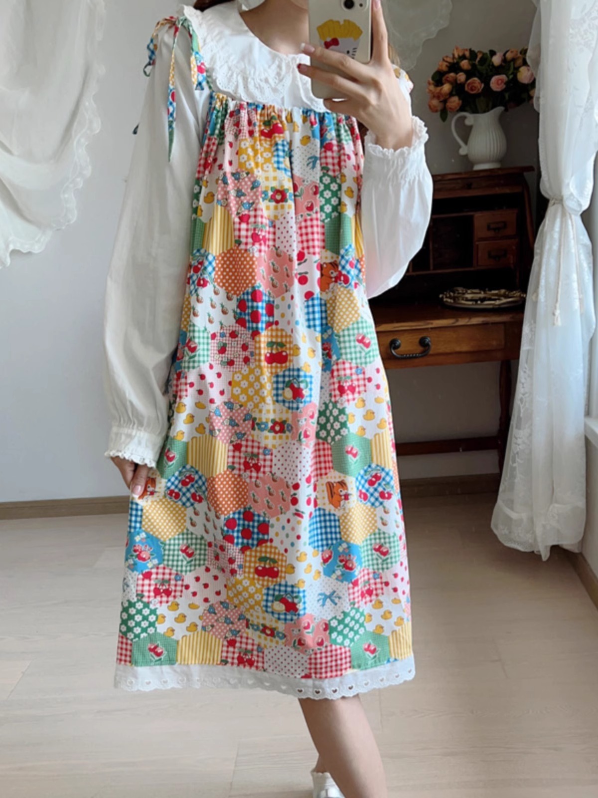 甜美減齡印花吊帶連衣裙女夏季蕾絲花邊拼接寬鬆中長裙子