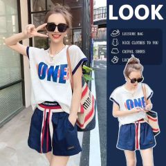 網紅休閒套裝女夏裝2025新款洋氣寬鬆字母印花短袖短褲兩件套