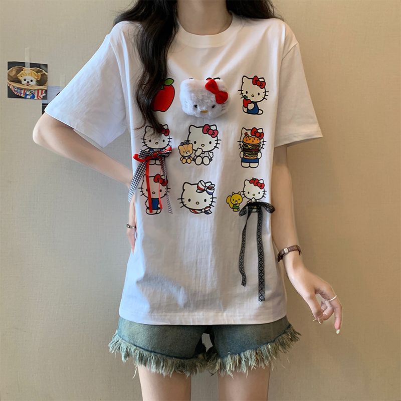 實拍 減齡可愛小貓印花蝴蝶結拼貼夏季新款寬鬆t恤上衣女
