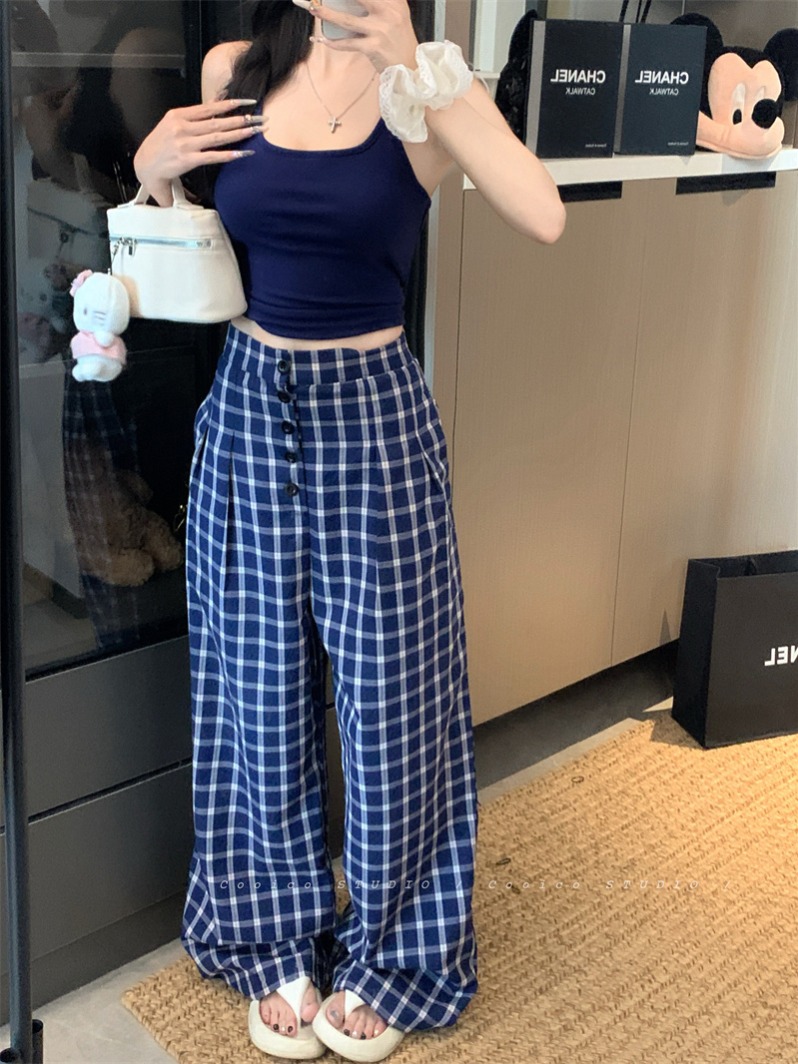 Real shot of suspender vest versatile women American retro design plaid loose wide-leg casual pants trousers