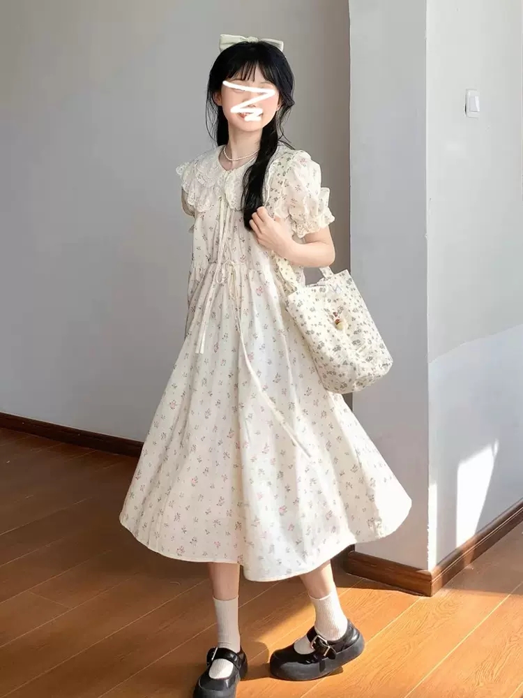 College style doll neck small dress 2025 new summer tea break French first love fairy floral long skirt