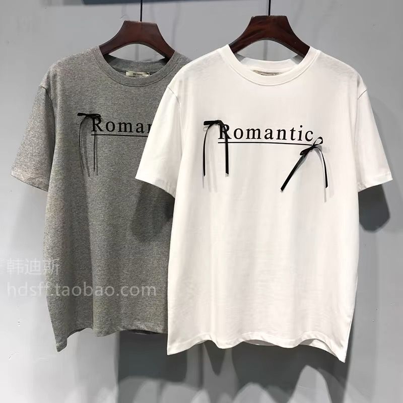 ~韓版大碼純棉字母圖案蝴蝶結寬鬆短袖T恤女夏裝2025新款