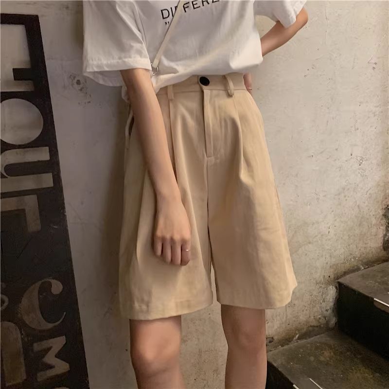 純棉工裝五分褲女寬鬆BF休閒短褲復古高腰闊腿褲學生中褲
