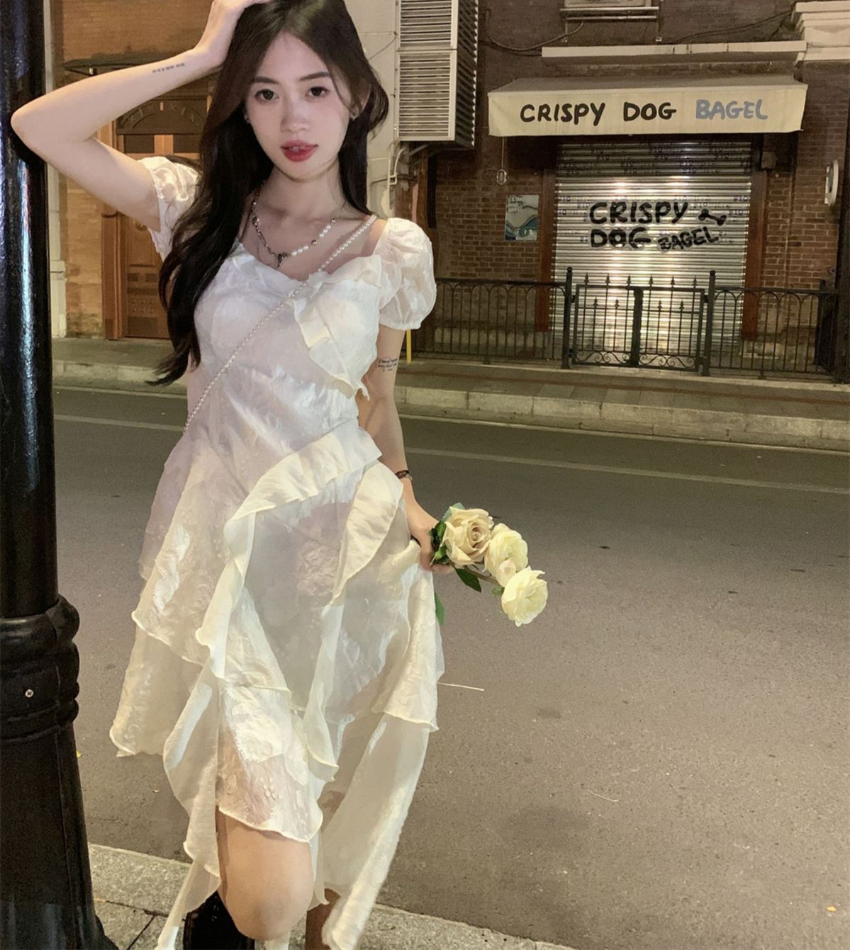 French style first love white dress for women in summer new style, waist-hugging, pure and lustful ruffled irregular skirt