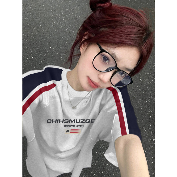 High-quality pure cotton 220g 19 pieces of wool + feel printed loose large version of raglan contrasting color short-sleeved T-shirt for women