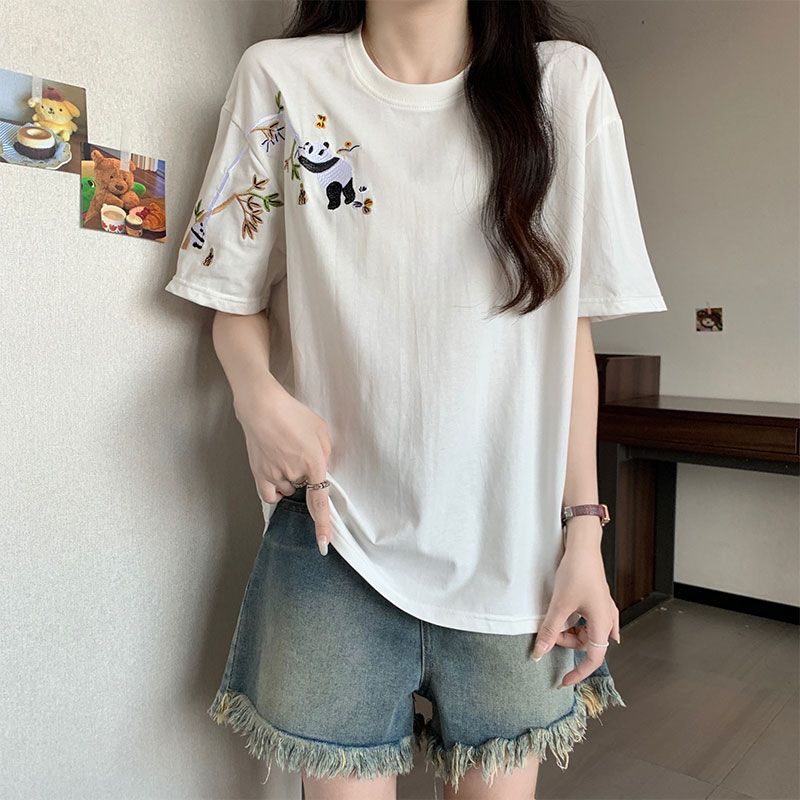 實拍~國風刺繡短袖t恤男女夏季新款潮流寬鬆情侶半袖體恤