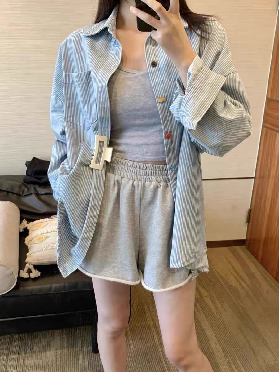復古撞色條紋襯衫女秋設計感polo領長袖上衣外搭薄款開衫襯衣