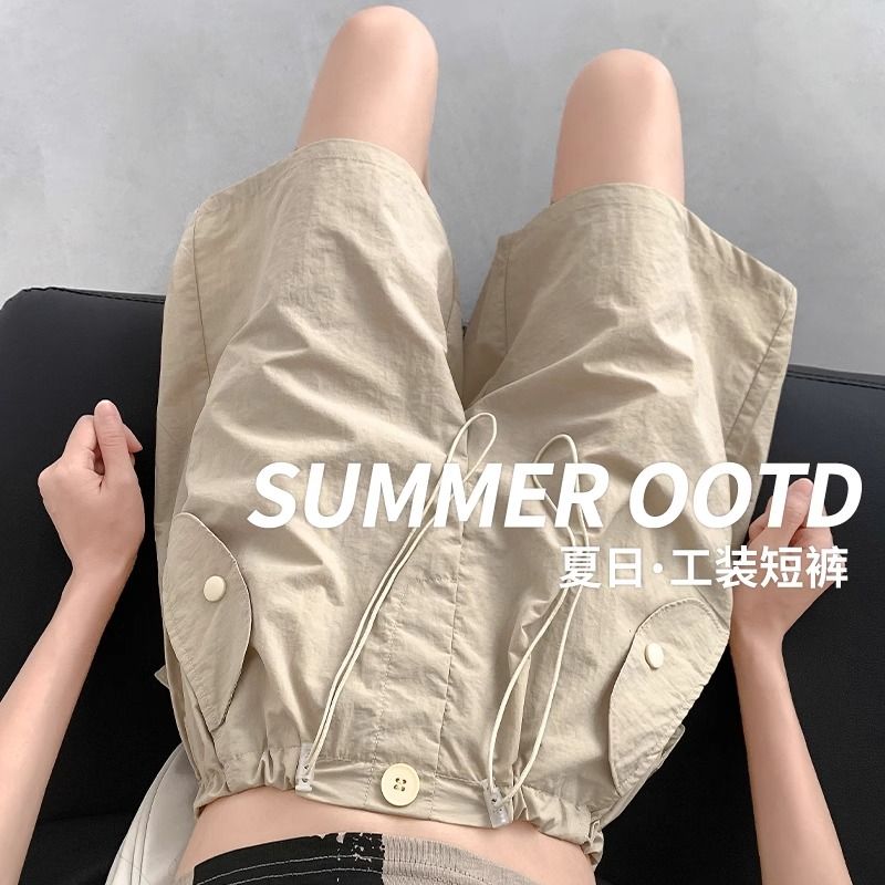 新款工裝短褲女夏季薄款高腰休閒闊腿速干美式運動五分褲