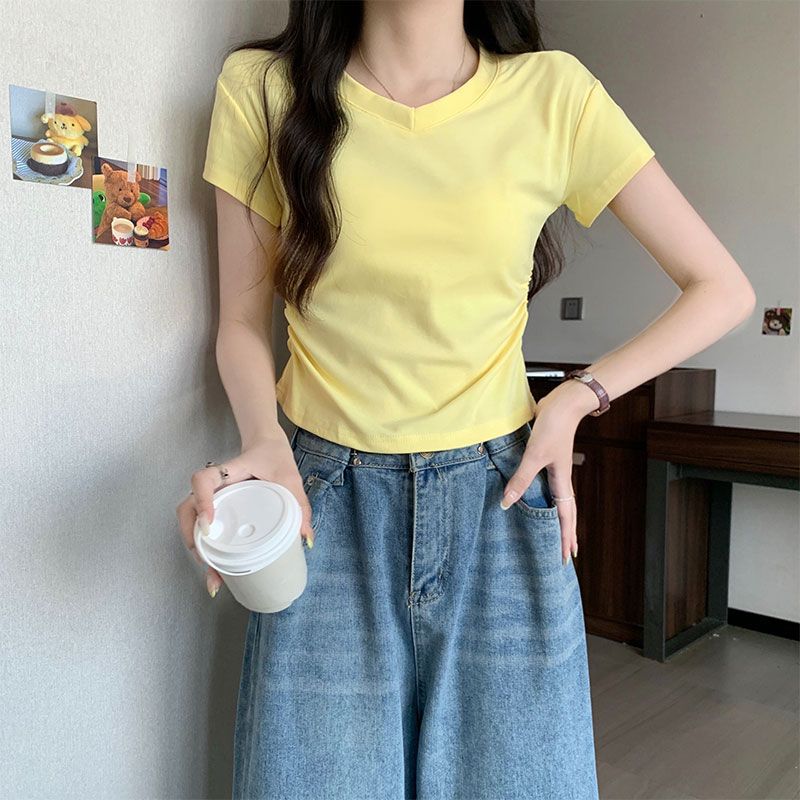 實拍 奶黃色v領正肩短袖女t恤夏季修身半袖短小個子收腰上衣