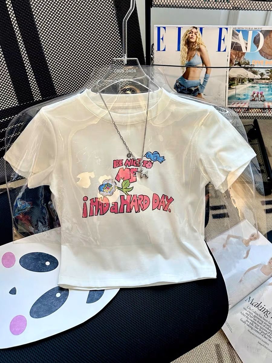 Pure cotton original foreign trade Korean version rear bag collar summer new women's round neck printed slim short T-shirt for women short sleeves