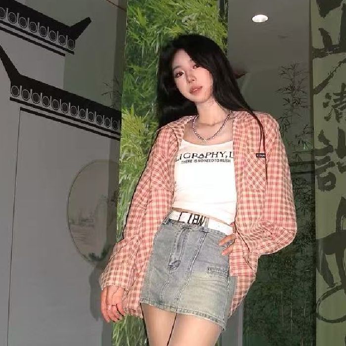 美式街頭粉色格子長袖襯衫外套女秋季設計感寬鬆休閒上衣ins潮