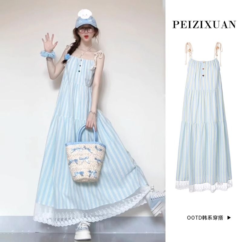 Foreign trade original Korean French blue striped suspender dress for women in summer new seaside vacation style long skirt