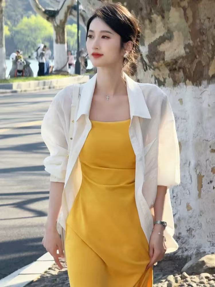 高級感寬鬆防曬襯衫女時尚套裝2025年夏季新款吊帶連衣裙兩件套潮