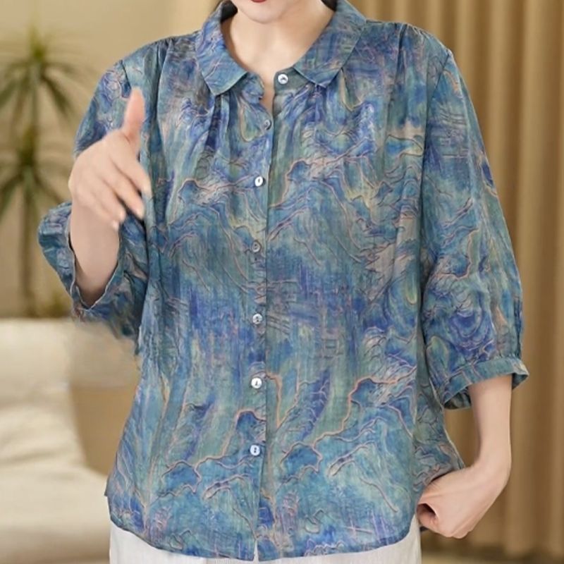 設計感印花上衣女2025春季新款寬鬆遮肚子洋氣小衫大碼單排扣襯衣