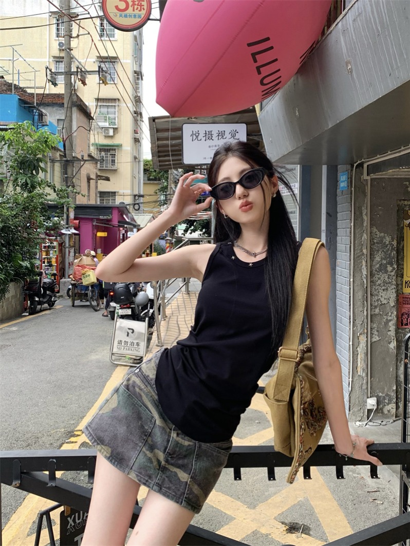Real shot American Star Rivet Vest Spicy Girl Retro Camouflage Working Short Skirt Women's Two-piece Set