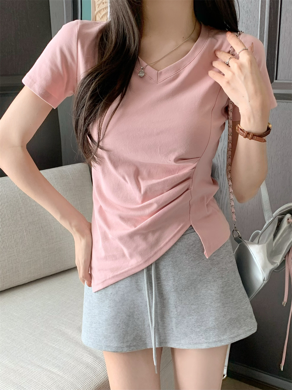 Real shot 40 pure cotton 210g 92 cotton/8 spandex short-sleeved T-shirt for women wrinkled waist