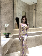 實拍 法式碎花連衣裙度假風帶魚尾長裙