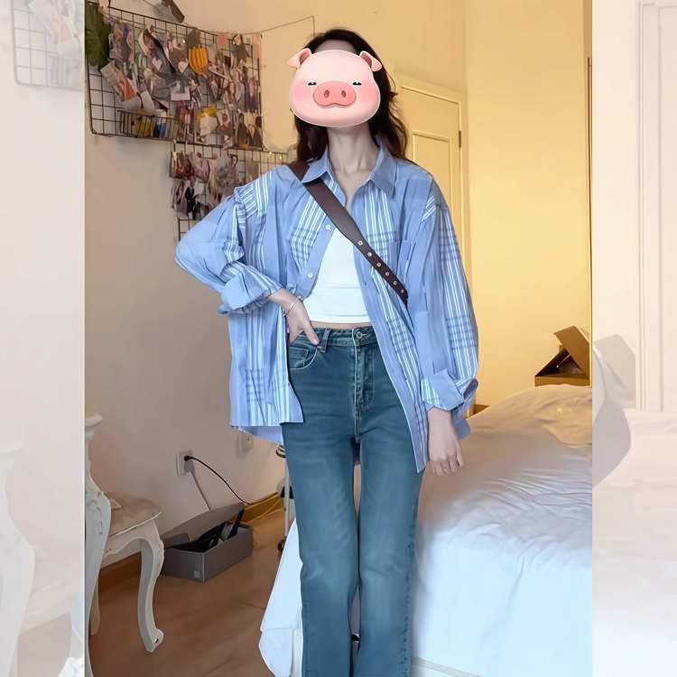 Blue striped plaid long-sleeved shirt for women with high-end light luxury age-reducing fashion spring niche Korean style top
