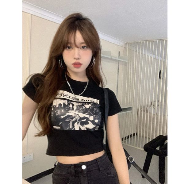 純棉原版外貿韓版後包領夏季新款女裝圓領印花修身短款T恤女短袖