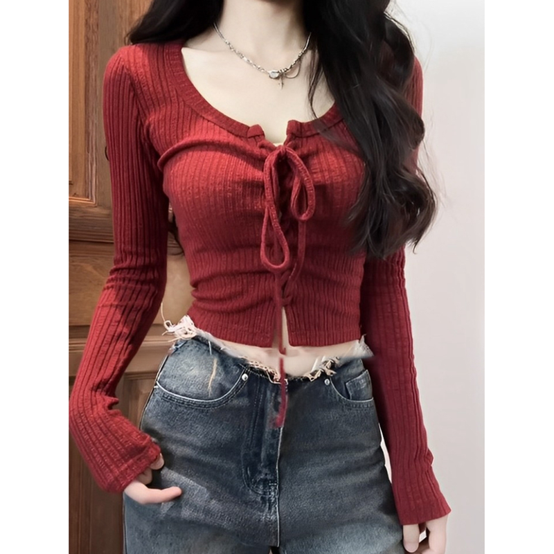 Hot girl pure drawstring red short tight base shirt for women 2025 spring and autumn interior design niche top