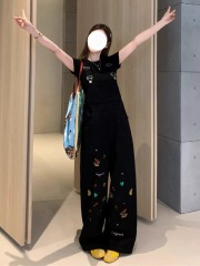 Black children's fun puppy embroidered denim overalls for women in summer new high street slimming straight floor pants trendy
