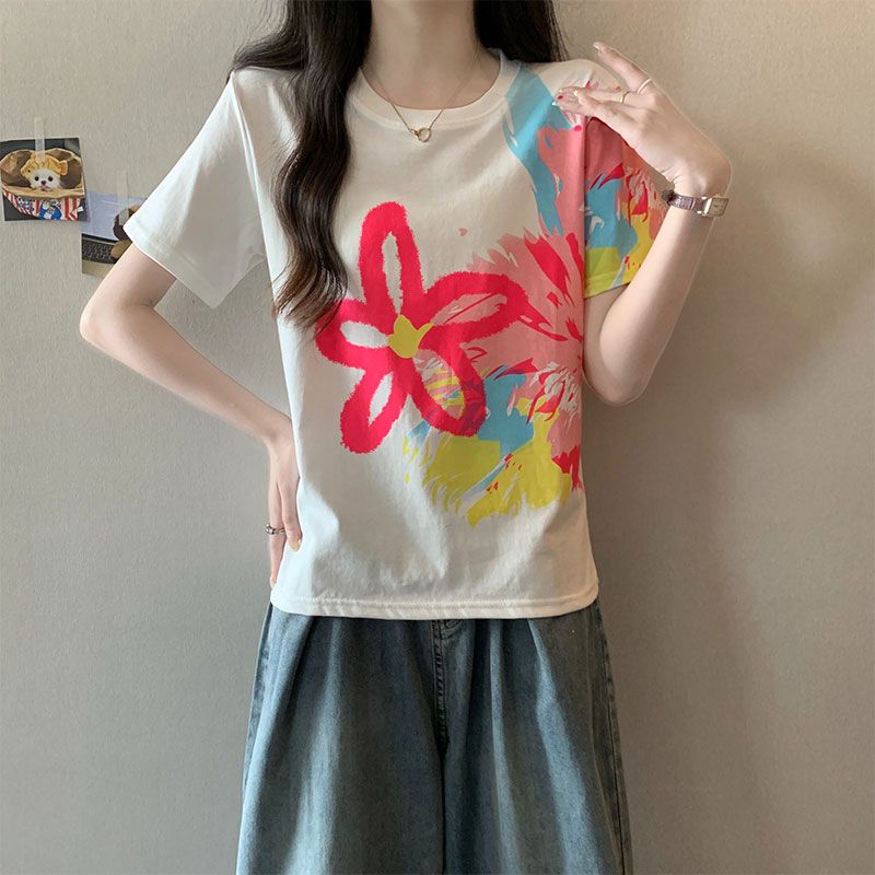 實拍 小香風短袖t恤女夏季漸變塗鴉花朵減齡美式設計感正肩潮